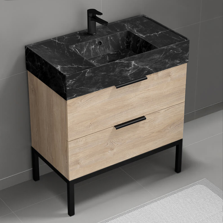 Nameeks DERIN864 Modern Bathroom Vanity With Black Marble Design Sink, Free Standing, 32 Inch, Brown Oak